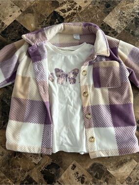 Rococo Girls' Purple Plaid Shacket with White Butterfly Tee 24 months